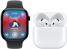 Apple Watch Series 11, titanium natural case, band: stone gray sport band, Apple Music app open, paired with AirPods 4