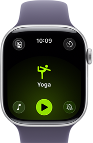 Apple Watch Series 11, aluminum silver case, Yoga Workout open, right side exterior: Digital Crown, purple fog Sport Band