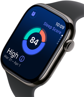 Up close Apple Watch Series 11 with a titanium slate case, showing Ποιότητα ύπνου on screen