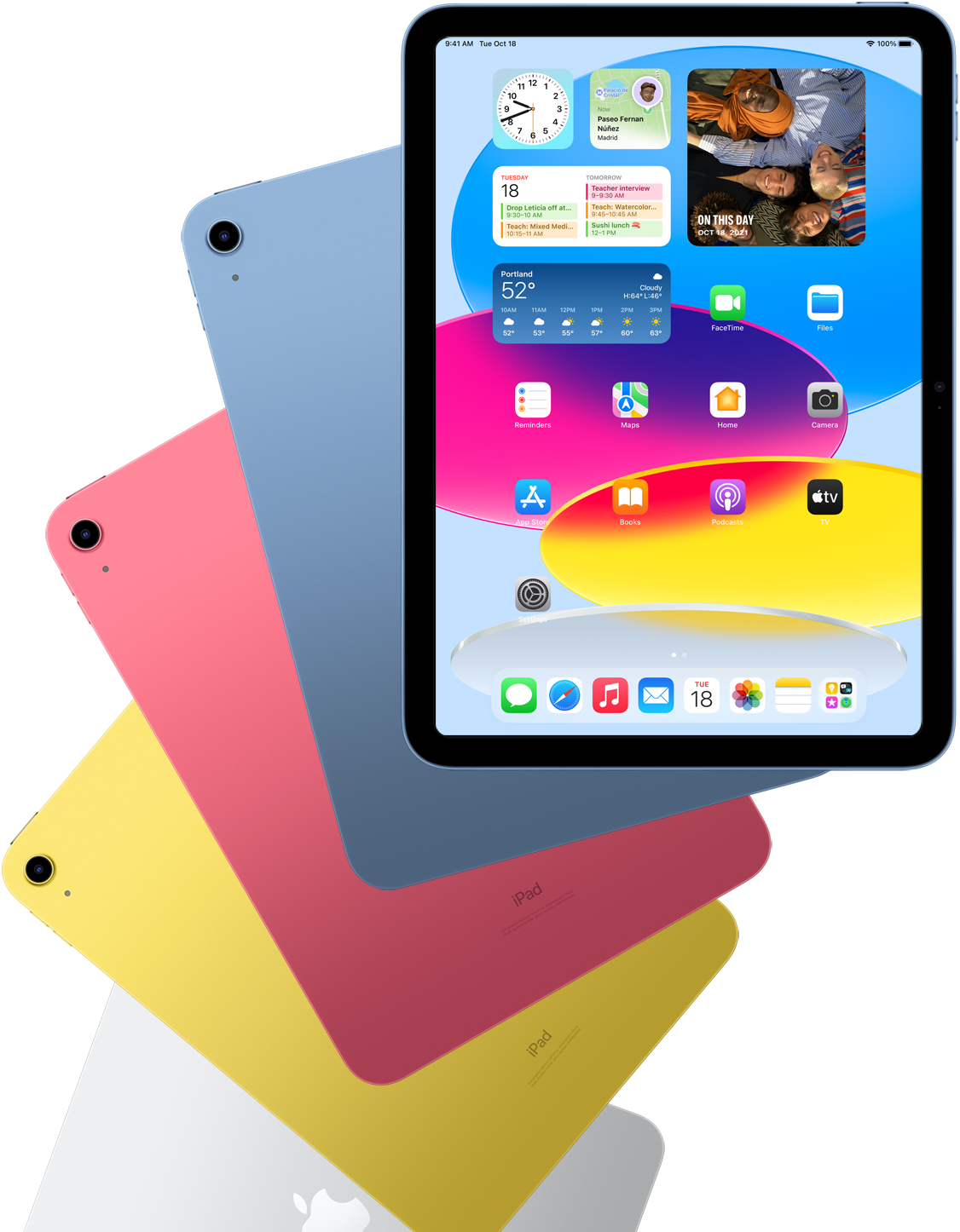 Μπροστινή όψη ενός iPad με την οθόνη Αφετηρίας και άλλα iPad πίσω του με πλάτη σε Μπλε, Ροζ, Κίτρινο και Ασημί χρώμα.