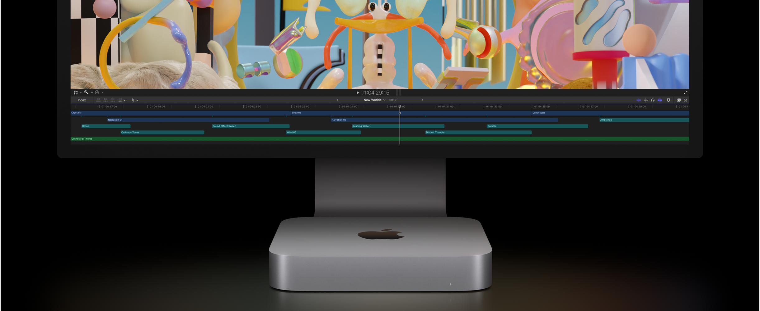 Μπροστινή όψη του Mac mini και του Studio Display που εμφανίζει ένα έργο επεξεργασίας βίντεο στο Final Cut Pro.