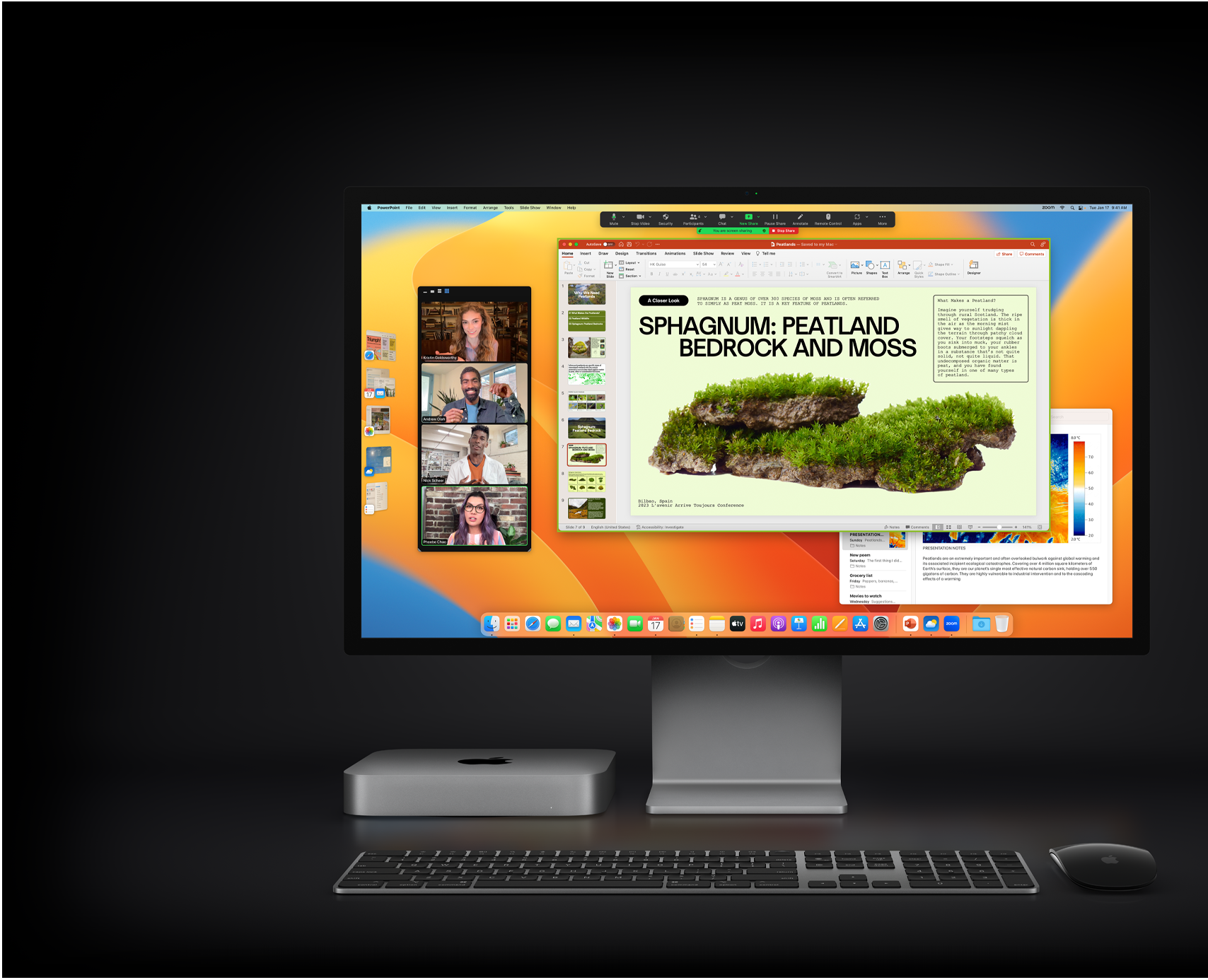 Ένα Mac mini με Magic Mouse, Magic Keyboard και Studio Display που δείχνει μια παρουσίαση Microsoft PowerPoint, η οποία κοινοποιείται σε ένα meeting στο Zoom, με το app Σημειώσεις στο φόντο.