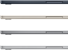 Τέσσερα λάπτοπ MacBook Air που δείχνουν τα διαθέσιμα τελικά χρώματα: Μαύρο του Μεσονυκτίου, Λευκό του Άστρου, Διαστημικό Γκρι και Ασημί