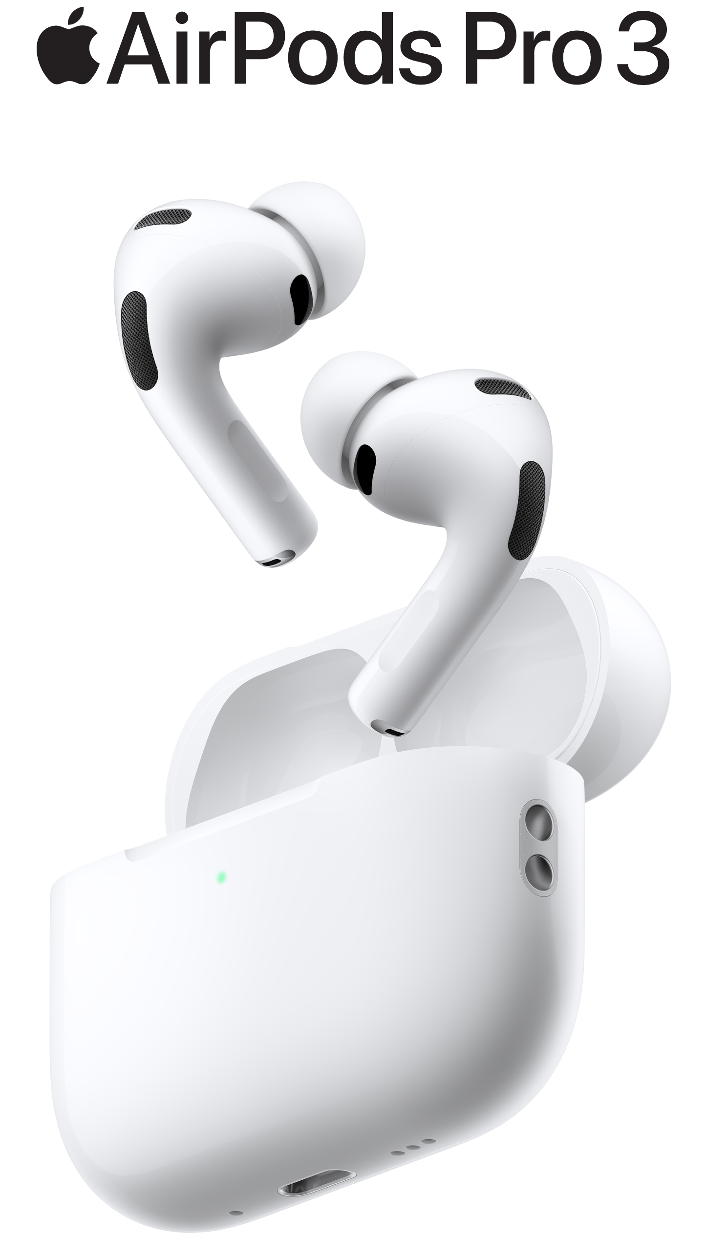 AirPods Pro 3, λευκό χρώμα, με θήκη φόρτισης MagSafe (USB-C) και εξωτερική LED ένδειξη λειτουργίας, με άκρα ακουστηκών από σιλικόνη